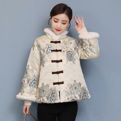 RIMIA - Embroidered Fluffy Trim Frog-Buttoned Jacket