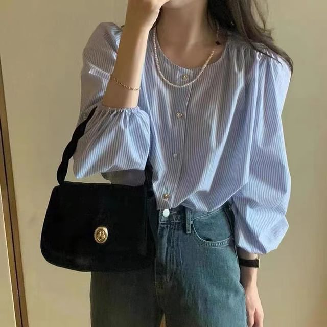 Happo-Long-Sleeve Crew Neck Striped Button-Up Blouse