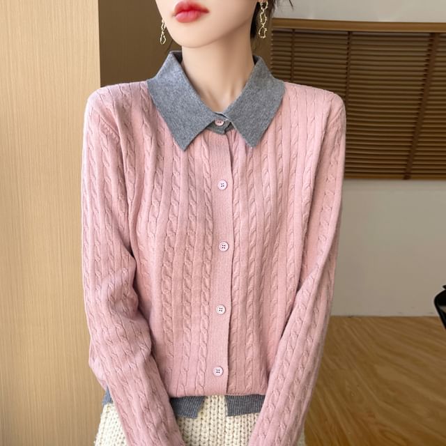Cloud Nine-Collared Two Tone Cable Knit Cardigan