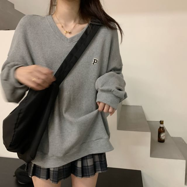 CaraMelody - Long-Sleeve Embroidered V-Neck Sweatshirt / Plaid Pleated Mini Skirt