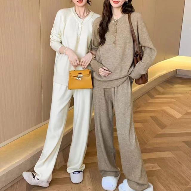 FR-Set Crew Neck Pullover Knitted Wide Leg Pants
