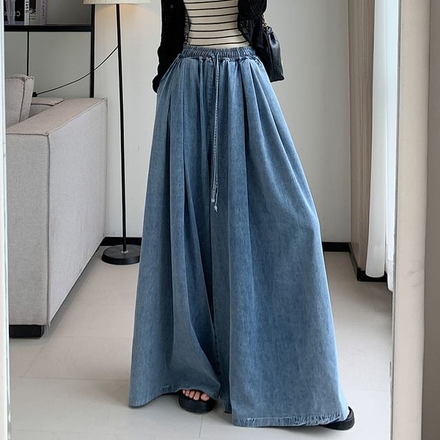 Odestra-Drawstring Waist Washed Wide Leg Jeans