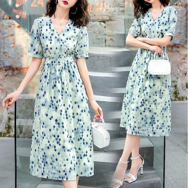 sachin and babi light blue dress FWJSDPZ Summer Women Ruffle Short-sleeve Chiffon Dress V-neck High Waist  Floral Print Beach Midi Backless Dresses (Color : Flowers 29, Size : S)  price in UAE | Amazon UAE