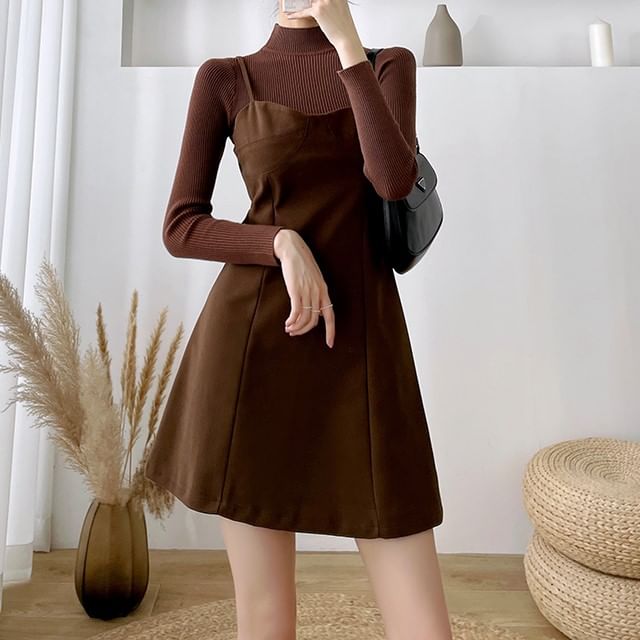 dress spaghetti knitted sleeve Yupina - Long-Sleeve High-Neck Plain Knit Top / Plain Woolen Spaghetti-Strap Mini (Various Designs) Long sleeve