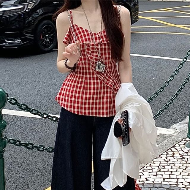Shinsei-Spaghetti Strap Scoop Neck Plaid Cami Top