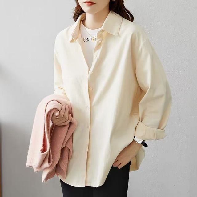 INEN-Long Sleeve Collared Plain Shirt