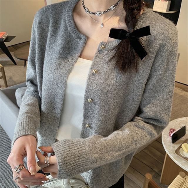 Essere-Crew Neck Plain Button-Up Cardigan
