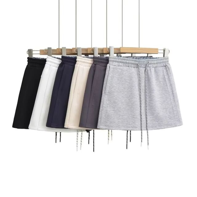 Asiris-Drawstring Waist Plain Mini A-Line Skirt