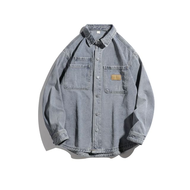 Phoneus-Long Sleeve Collared Washed Denim Shirt
