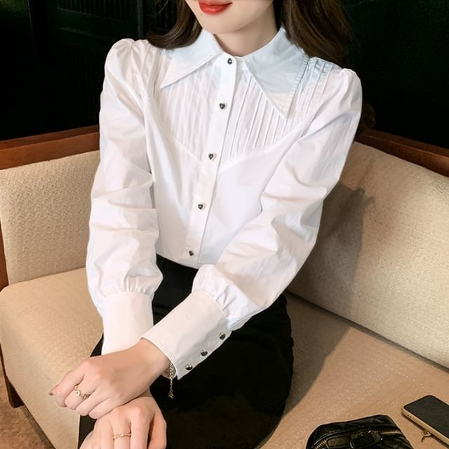 Dragan Pulse-Puff Sleeve Collared Plain Pintuck Panel Blouse