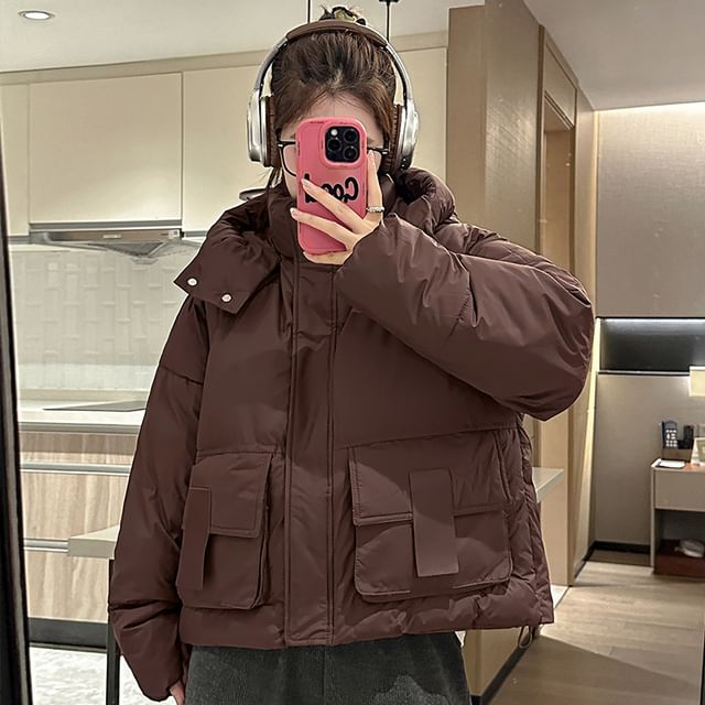 Sienne-Stand Collar Plain Hood Zip Puffer Jacket