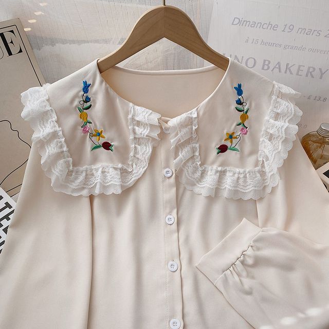 Long Sleeve Peterpan Collar Blouse with embroidered logo