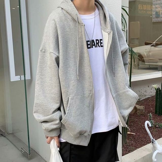 Wewewow-Plain Oversized Zip Hoodie