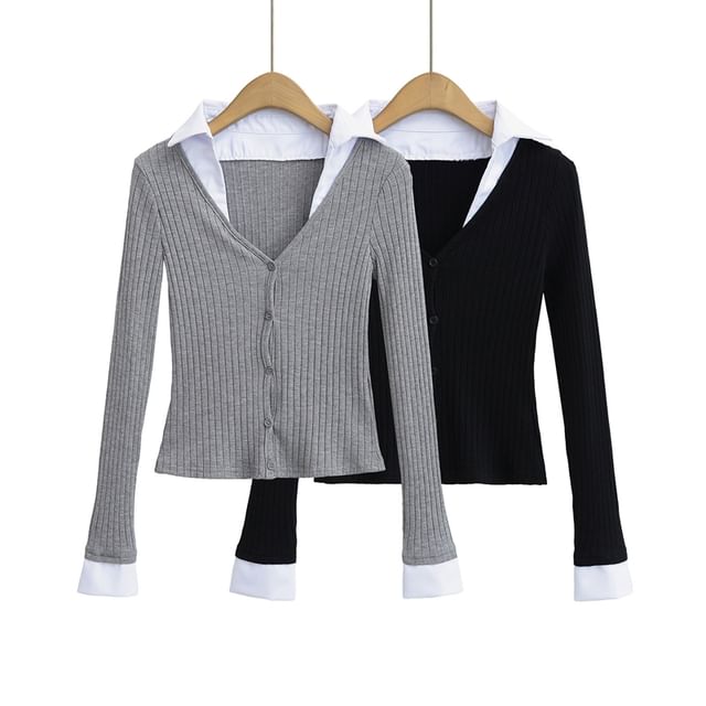 Ulark-Mock Two-Piece Long-Sleeve Collar Two Tone Ribbed Button Crop Knit Top
