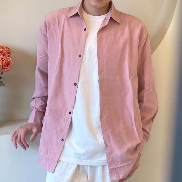 DragonRoad-Long Sleeve Collared Plain Shirt