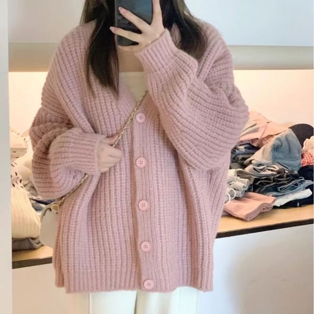 Sisyphi-V-Neck Button-Up Plain Cardigan
