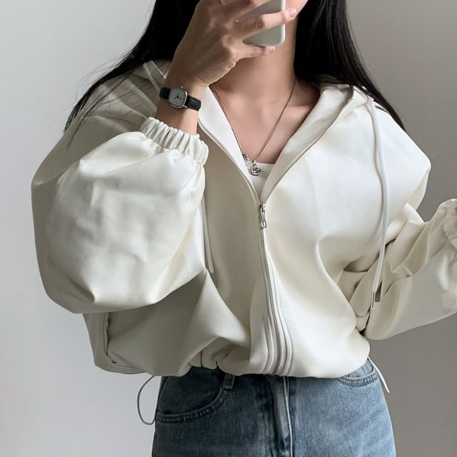 Janerium-Plain Hooded Drawstring Hem Faux Leather Crop Zip Jacket