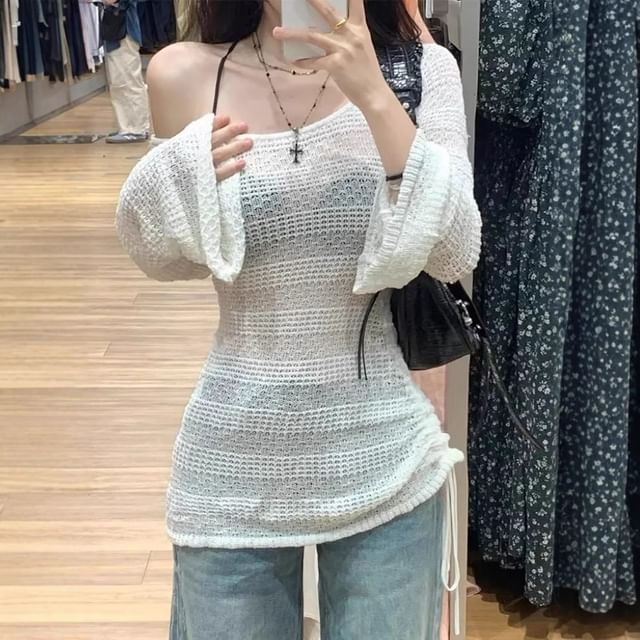 Asiris-Flared-Sleeve One-Shoulder Striped Drawstring Knit Top