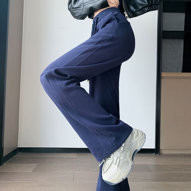 Jaqmine-Drawstring Waist Plain Panel Straight Leg Sweatpants