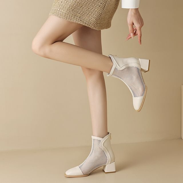 Cinnabelle-Panel Mesh Block Heel Short Boots