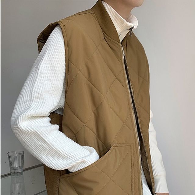 Orungeetun-Sleeveless Plain Argyle Padded Coat