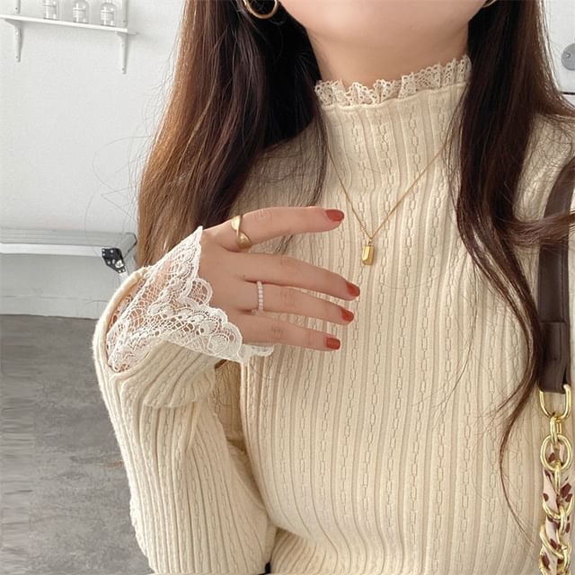 Muezz-Mock Neck Plain Ribbed Lace Trim Sweater