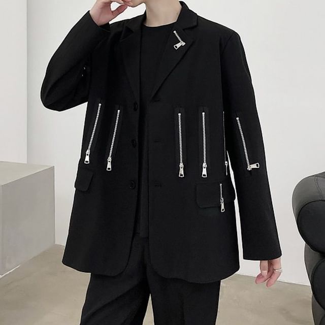 Bjorn-Plain Zip Detail Single-Breasted Blazer