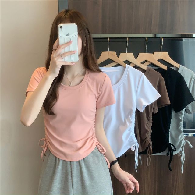 Hevnir-Short-Sleeve Crew Neck Plain Drawstring Tee