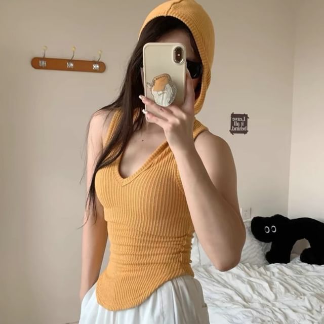 Ulark-Sleeveless V-Neck Hooded Plain Ribbed Top