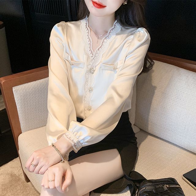 Lewwe-Long-Sleeve V-Neck Plain Lace Trim Button-Up Blouse
