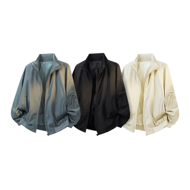 Dandyluxe-Stand Collar Plain Oversized Zip Jacket
