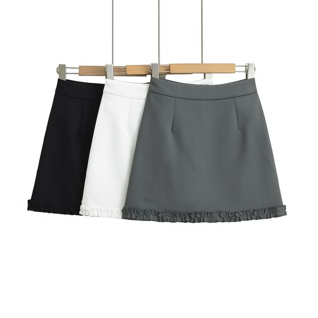 Asiris-High Rise Plain Ruffle Hem Mini A-Line Skirt