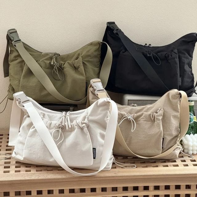Basaran-Drawstring Plain Zip Shoulder Bag