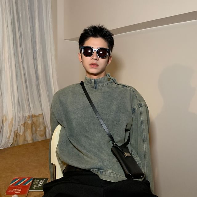 Myanderthal-Long-Sleeve Mock Neck Denim Top
