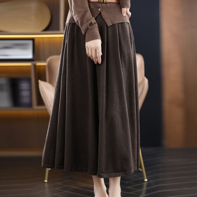 Weelop-Elastic Waist Plain Midi A-Line Skirt