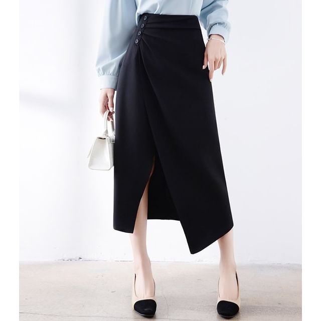 Lady Jean High Rise Plain Asymmetrical Midi Pencil Skirt YesStyle