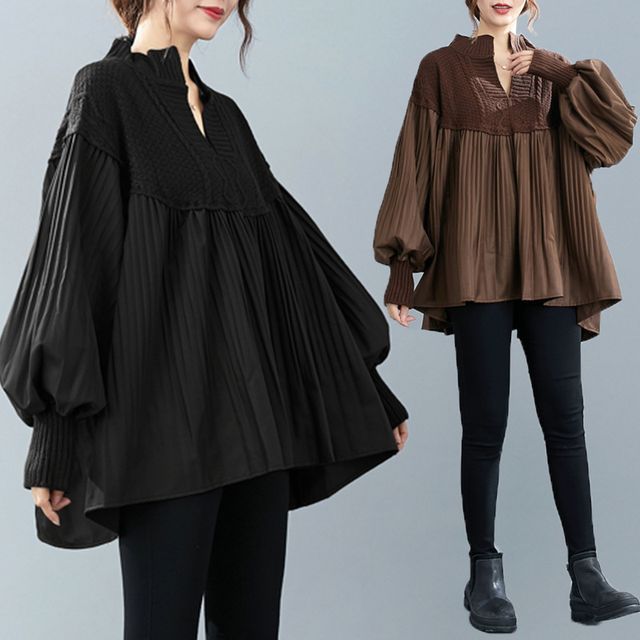 Lewwe-Puff-Sleeve Notch Neck Plain Knit Panel Oversized Blouse