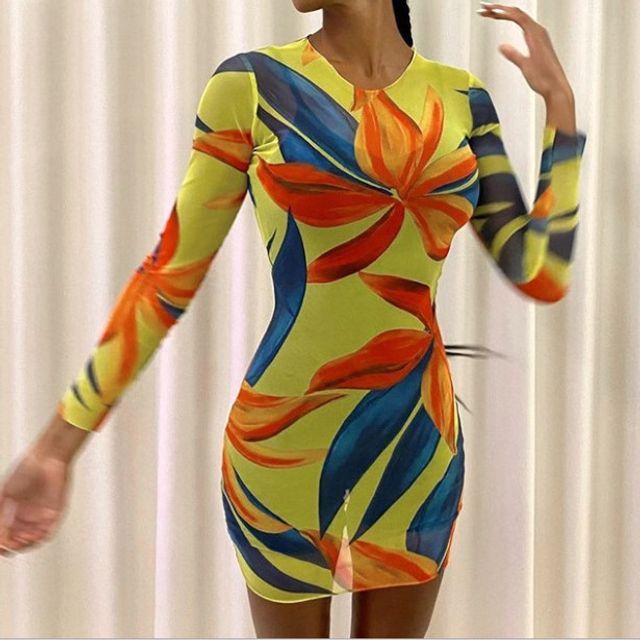 Sheparon - Long-Sleeve Floral Print Sheer Mini Bodycon Dress | YesStyle