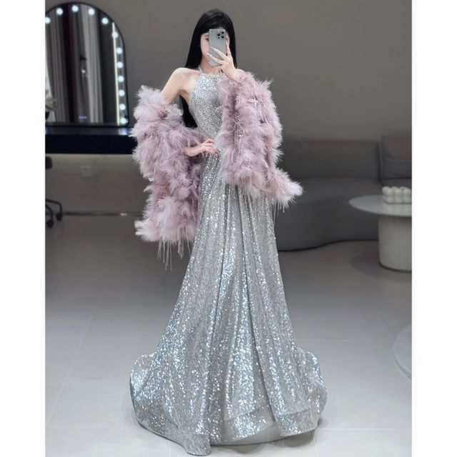 halter neck sequin mini dress Zurie Plunging Halter Mini Dress Sequin Silver main image 0