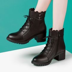 Hannah - Pointed Lace Up Block Heel Short Boots