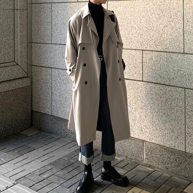 Wewewow-Lapel Collar Plain Double-Breasted Long Trench Coat