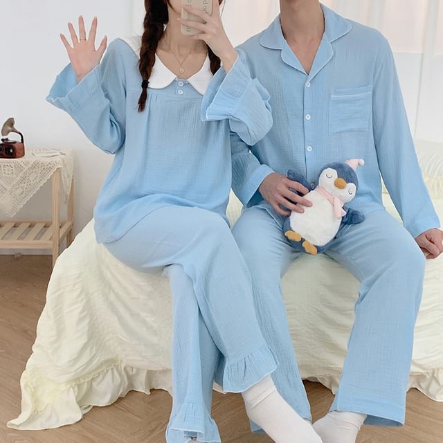 Siensien-Couple Matching Pajama Set Long-Sleeve Top Pants