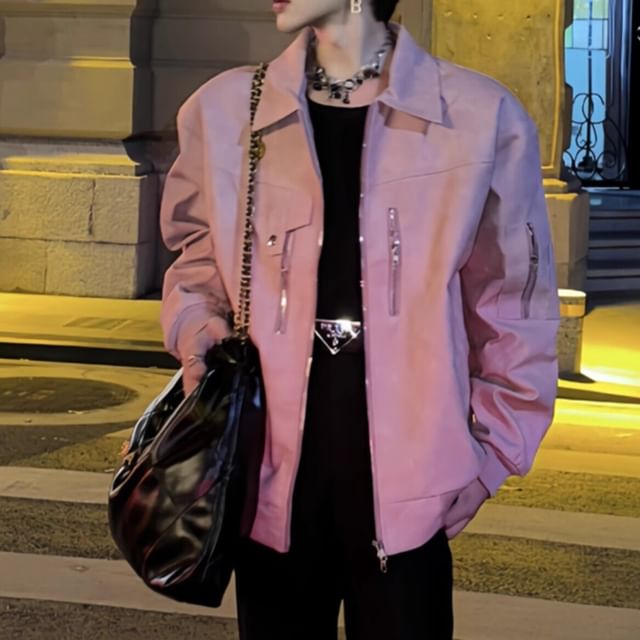 emeisa-Collared Washed Faux Leather Zip Jacket