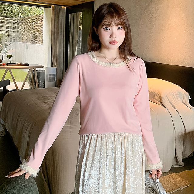 Appelsin-Long Sleeve Round Neck Frill Top