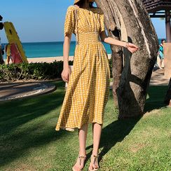 BOHEME - Dotted Open-Back Short-Sleeve Midi A-Line Dress BOHEME - Dotted Open-Back Short-Sleeve Midi A-Line Dress