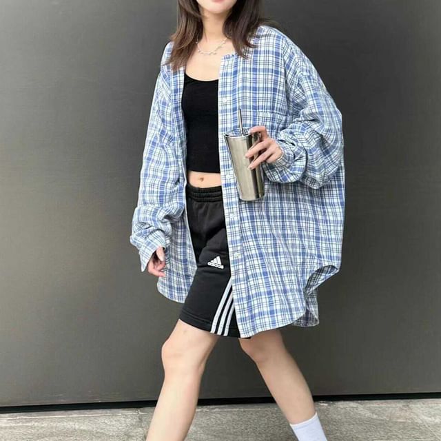 monroll-Long-Sleeve Plaid Oversized Shirt