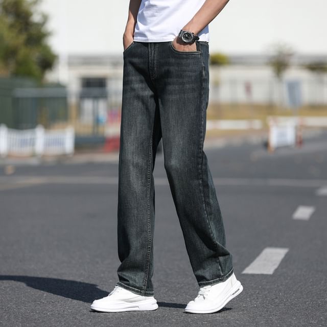 Denimic-Mid Rise Washed Straight Leg Jeans