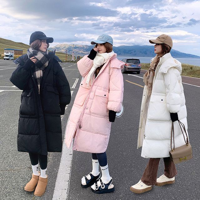 Sienne-Stand Collar Plain Hood Midi Zip Puffer Coat