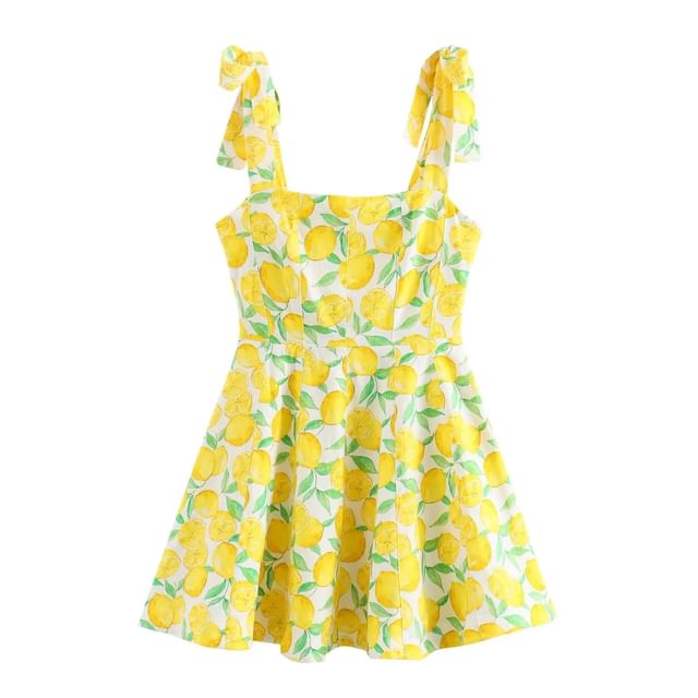 Orange Ace - Sleeveless Square Neck Lemon Print Mini A-Line Dress | YesStyle