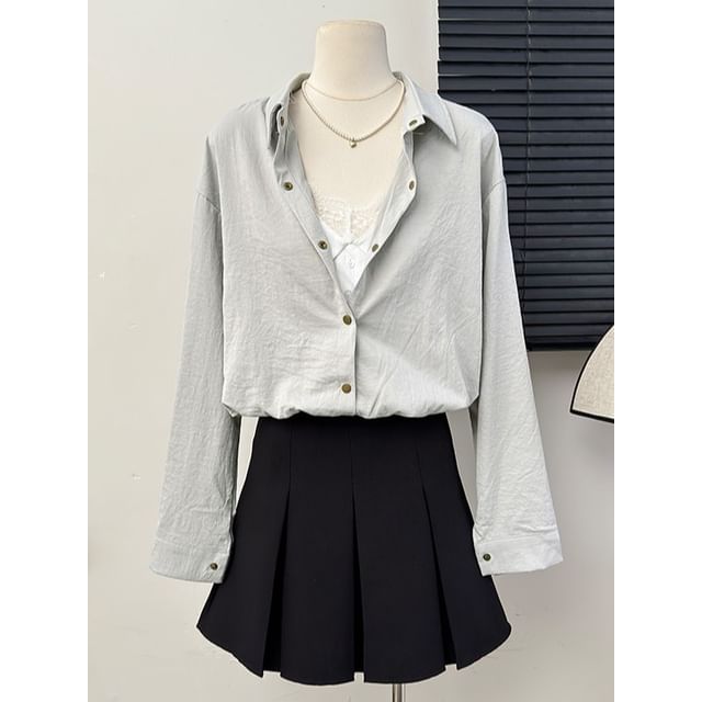 Lemongrass-Lace-Panel Mock Two-Piece Loose Bubble Shirt